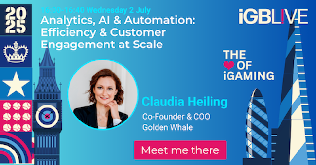 Golden Whale COO Claudia Heiling speaking at iGB Live London 2025 about Analytics, AI, and Automation